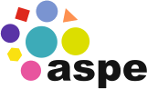 Logo projektu. Rozsypane figury geometryczne o różnych kształtach i kolorach, a przy nich czarnymi, pogrubionymi literami napis ASPE